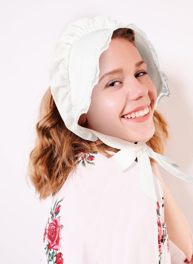 JenPen White Bonnet Women Colonial Hat Mob Bonnets Straw Handmaids Cosplay Halloween Costume Lace with Adjustable Straps(Small) - Image 2